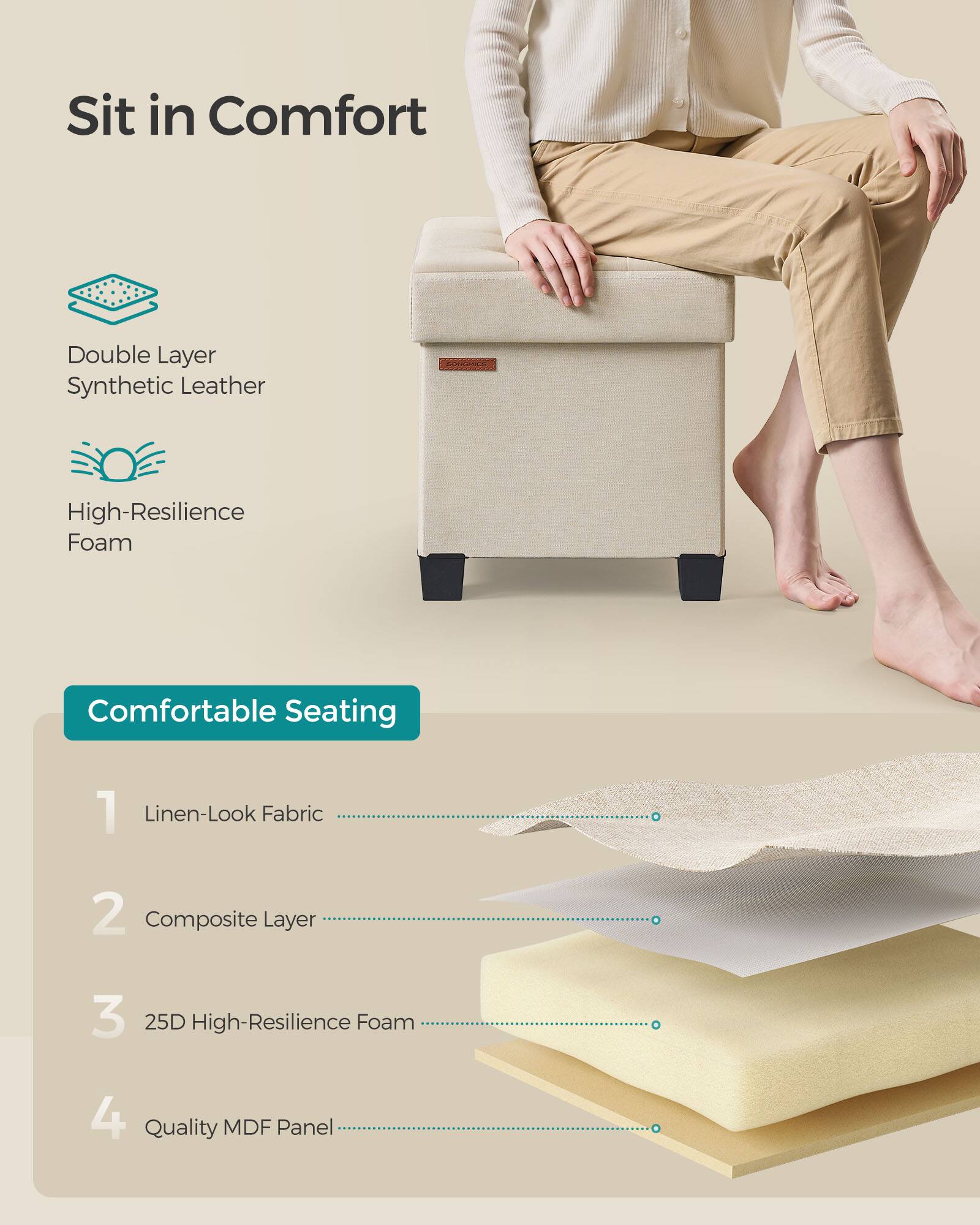 Sit in Comfort

Double Layer Synthetic Leather  
High-Resilience Foam

Comfortable Seating

1. Linen-Look Fabric  
2. Composite Layer  
3. 25D High-Resilience Foam  
4. Quality MDF Panel