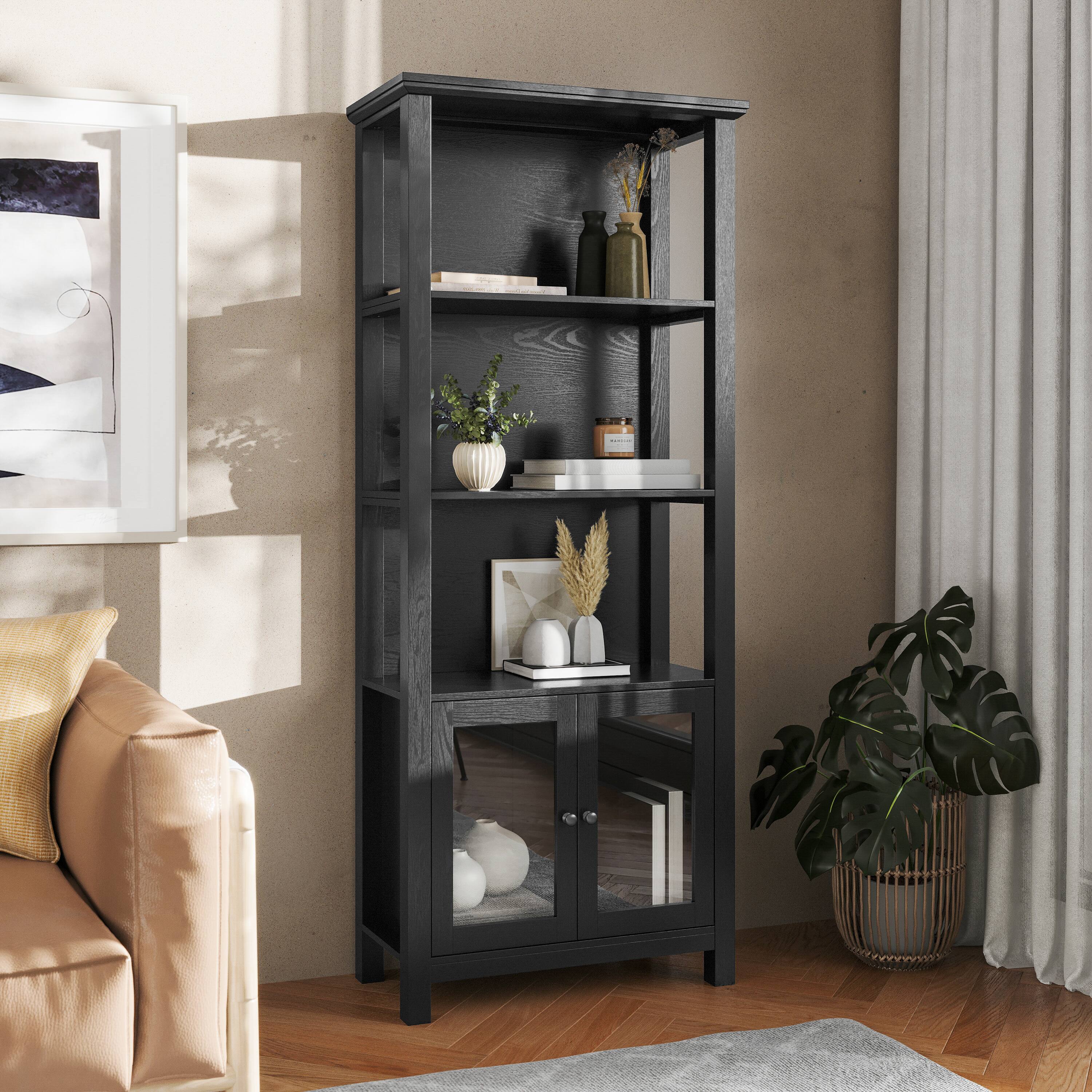 Alt View 1. Flash Furniture - Stella Modern Farmhouse Wooden Bookcase and Storage Cabinet with Tempered Glass Doors and 3 Upper Shelves in Black - Black.