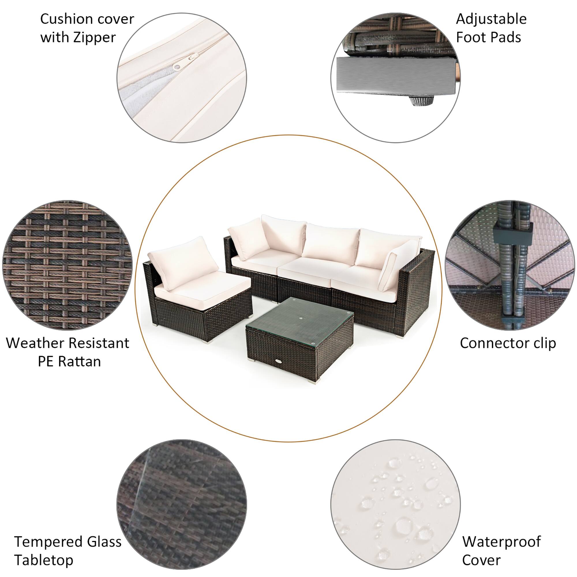The image shows a variety of outdoor furniture options, including a couch, table, and footstools. The couch is covered with a cushion and a zipper, providing adjustable comfort. The table is made of tempered glass, offering a durable and stylish surface. The footstools are weather-resistant and made of PE Rattan, ensuring they can withstand outdoor conditions. Additionally, the furniture is equipped with connector clips for easy assembly and disassembly. The image also features a waterproof cover for the couch, protecting it from the elements.