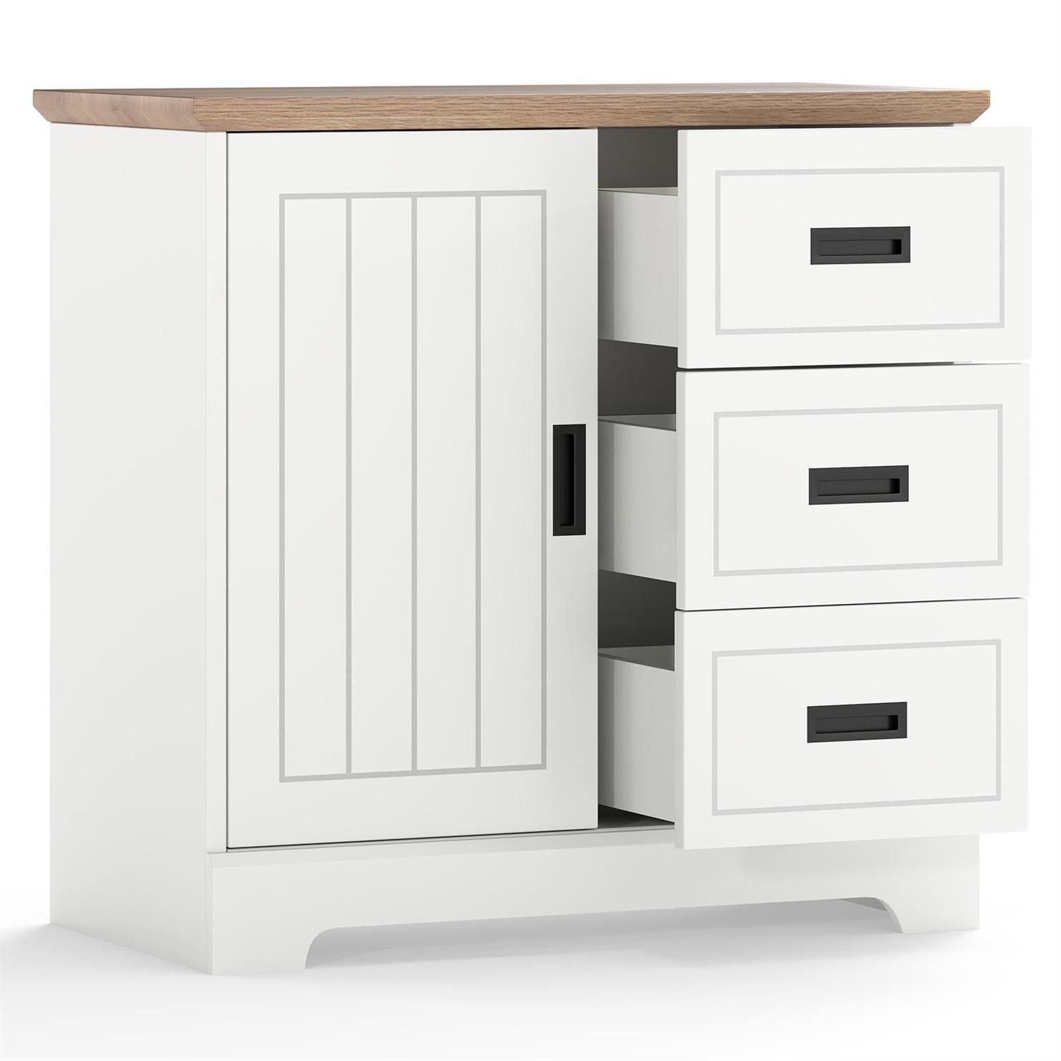 Back. Pefilos - Farmhouse Sideboard Cabinet,Sliding Doors 3 Deep Drawers,Anti-Tip Thickened Base,White - White.