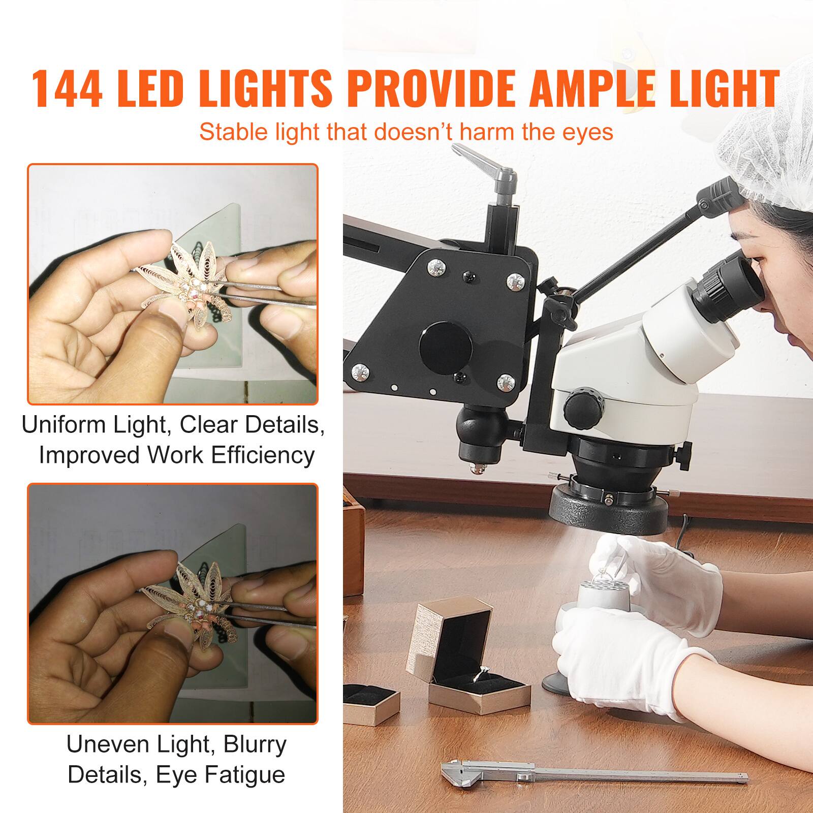 144 LED LIGHTS PROVIDE AMPLE LIGHT  
Stable light that doesn't harm the eyes  

Uniform Light, Clear Details, Improved Work Efficiency  
Uneven Light, Blurry Details, Eye Fatigue
