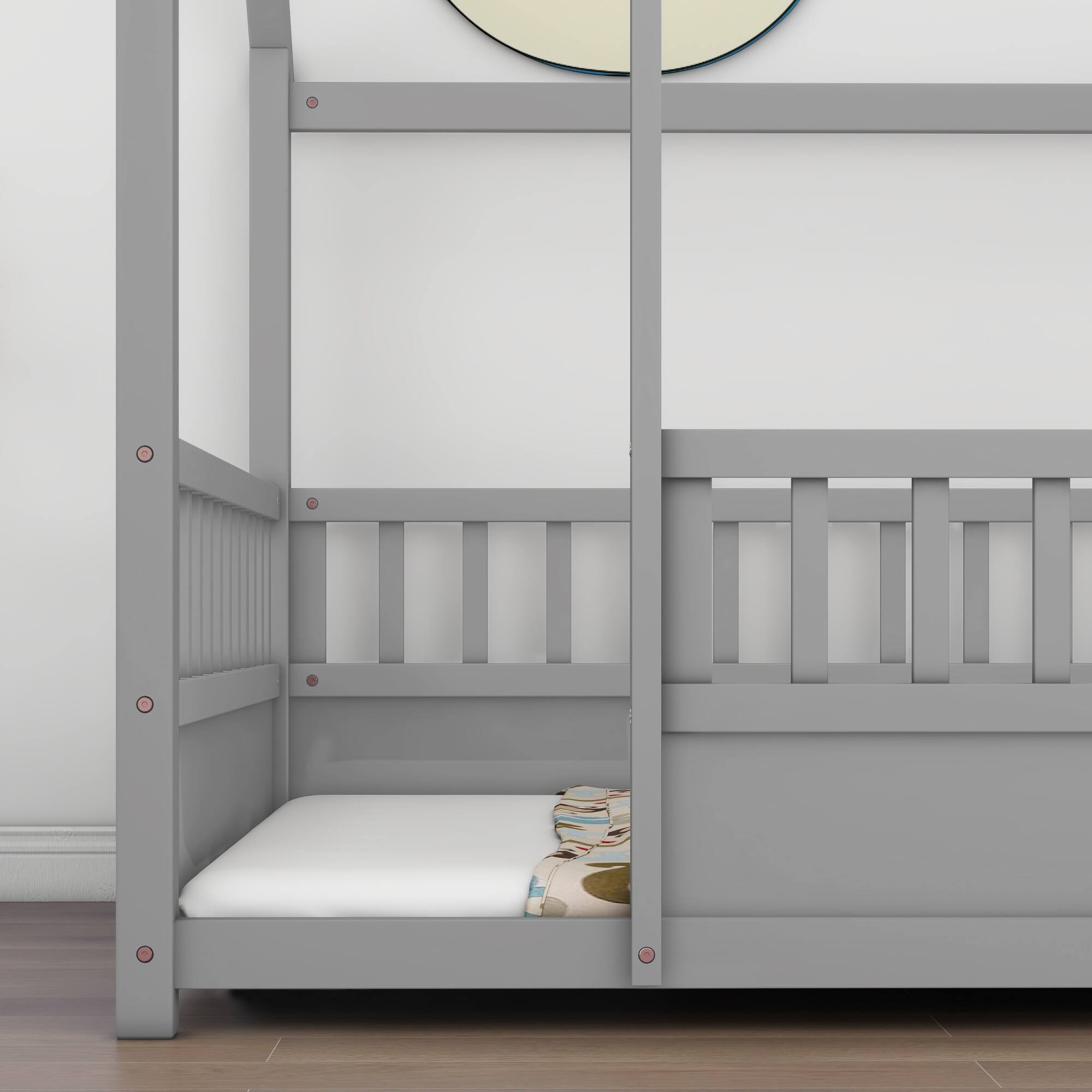 Alt View 1. GOODSILO - Full Size Floor Bed with Decorative House Roof Frame and Safety Guardrails for Children's Bedroom - Grey.