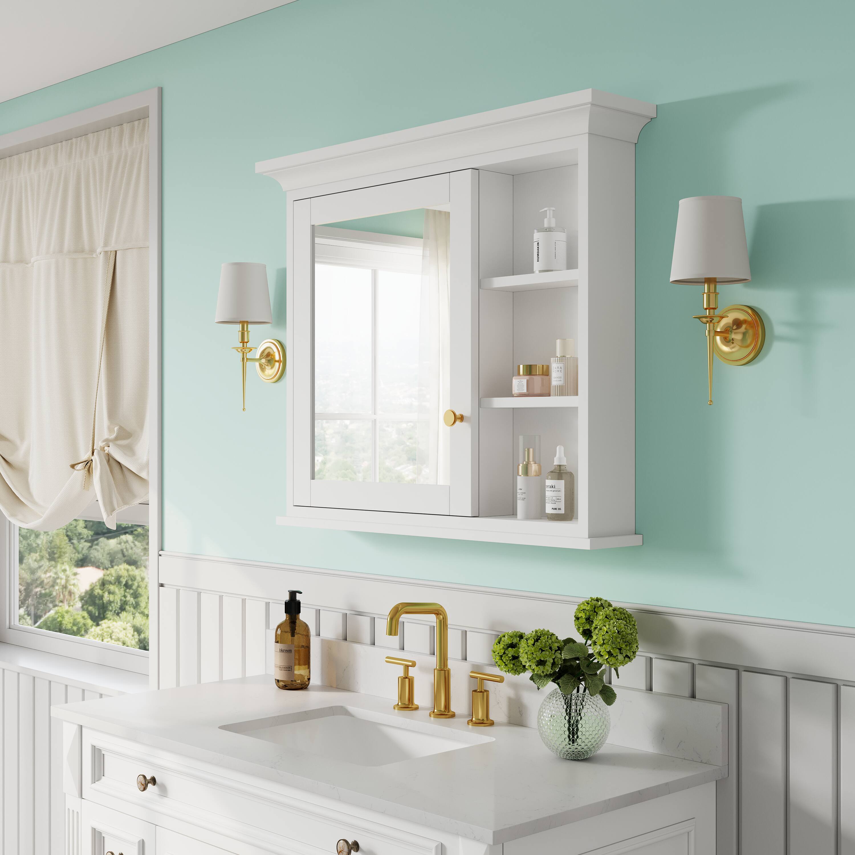 Alt View 6. WELLFOR - 36 in. W x 30 in. H Solid Wood Rectangular Surface Mount Medicine Cabinet with Mirror, Soft Close Door - White.