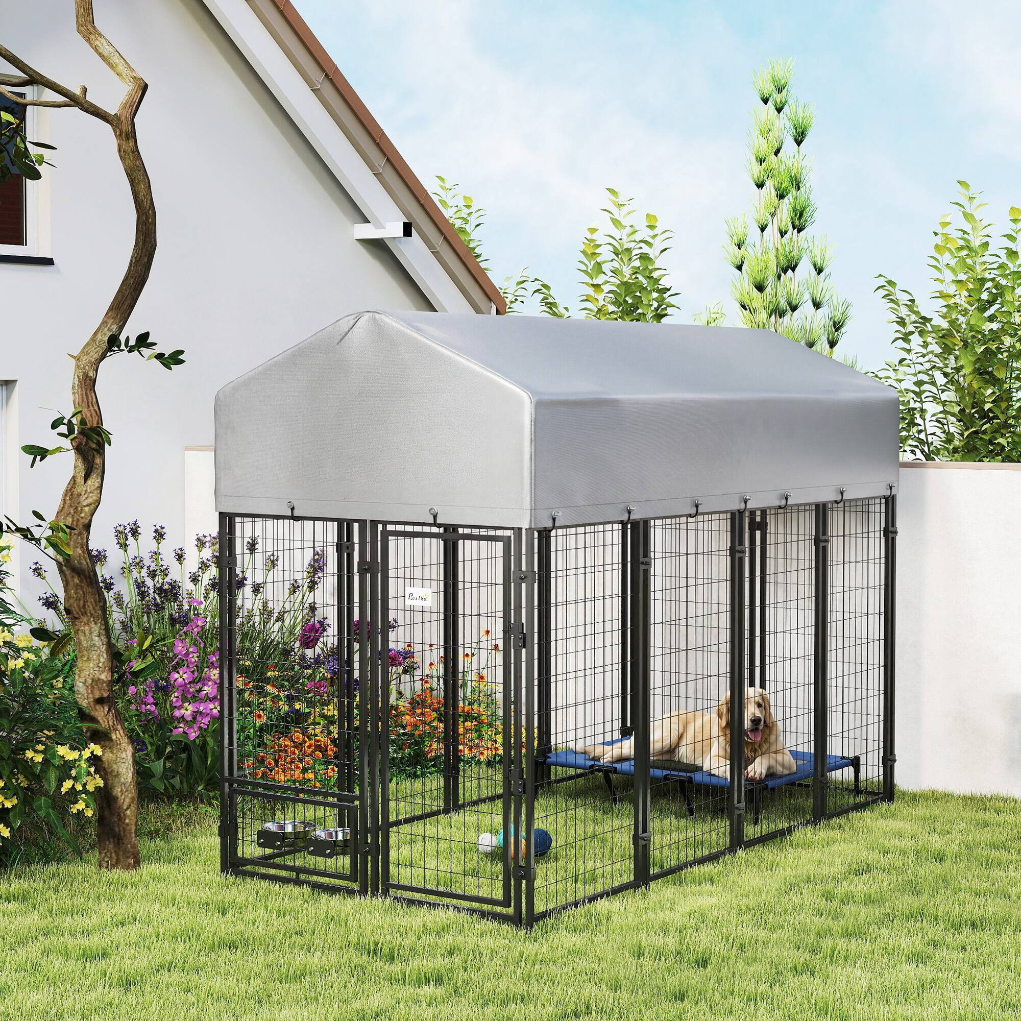Alt View 1. Pawhut - x 4' x 6' Outdoor Dog Kennel, Dog Kennel Outside Run with 360° Rotating Bowls - Silver.