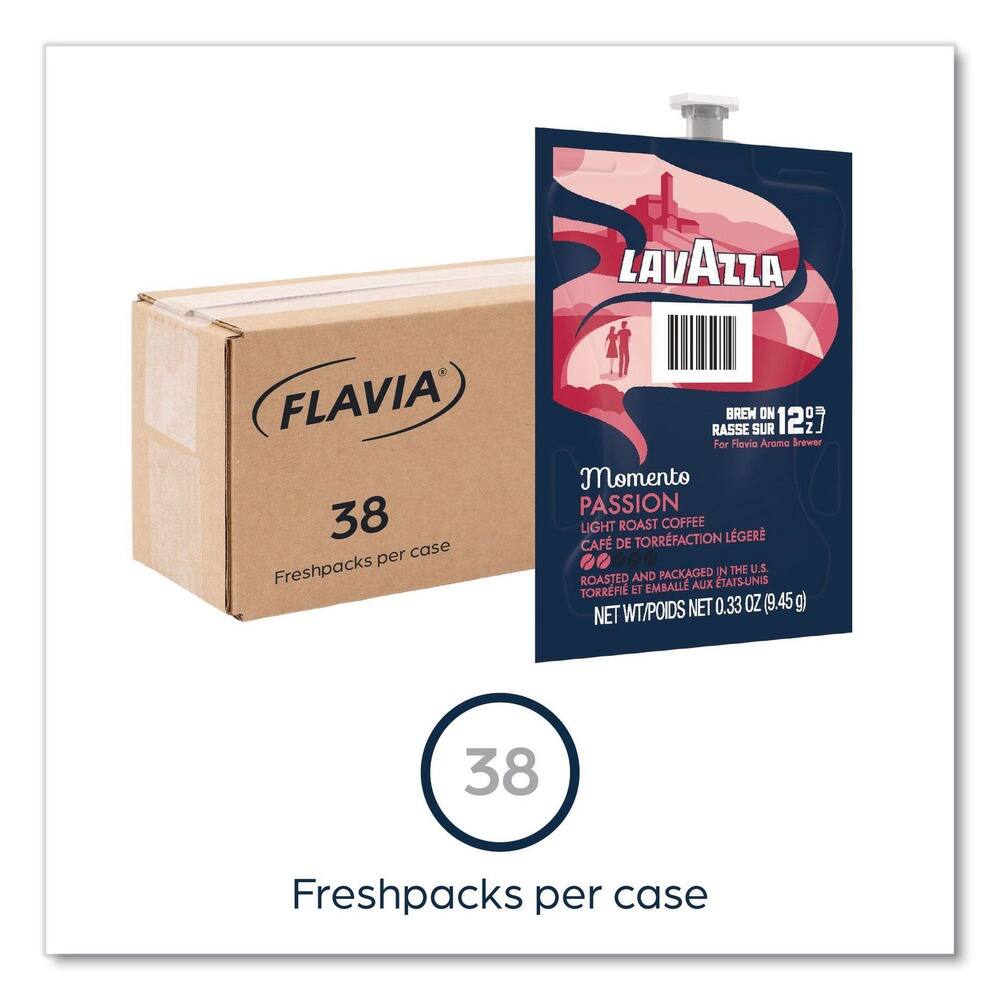 LAVAZZA FLAVIA 38 per case Freshpacks BREW ON 12 CUPS RASSE SUR 122 for Flavio Aroma Brewer Momento PASSION LIGHT ROAST COFFEE CAFÉ DE TORRFACTION LÉGÈRE PACKAGED IN THE U.S. ROASTED AND PACKAGED IN THE U.S. NET WT/POIDS NET 0.33 OZ (9.45g) 38 Freshpacks per case