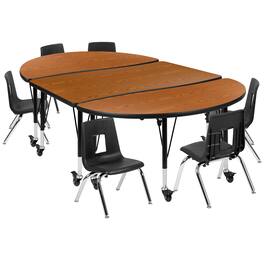 Flash Furniture - Emmy Mobile 76" Oval Wave Flexible Laminate Activity Table Set with 14" Student Stack Chairs, Oak/Black - Brown