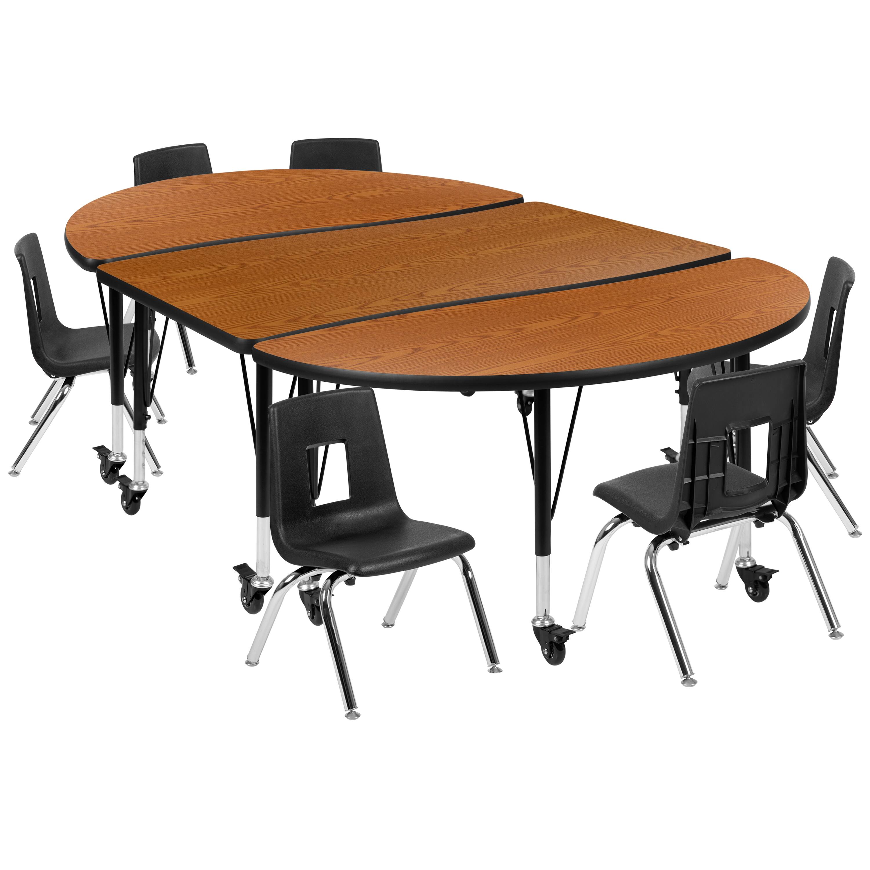 Alt View 1. Emma + Oliver - Mobile 76" Oval Wave Collaborative Laminate Activity Table Set with 14" Student Stack Chairs, Grey/Black - Oak.