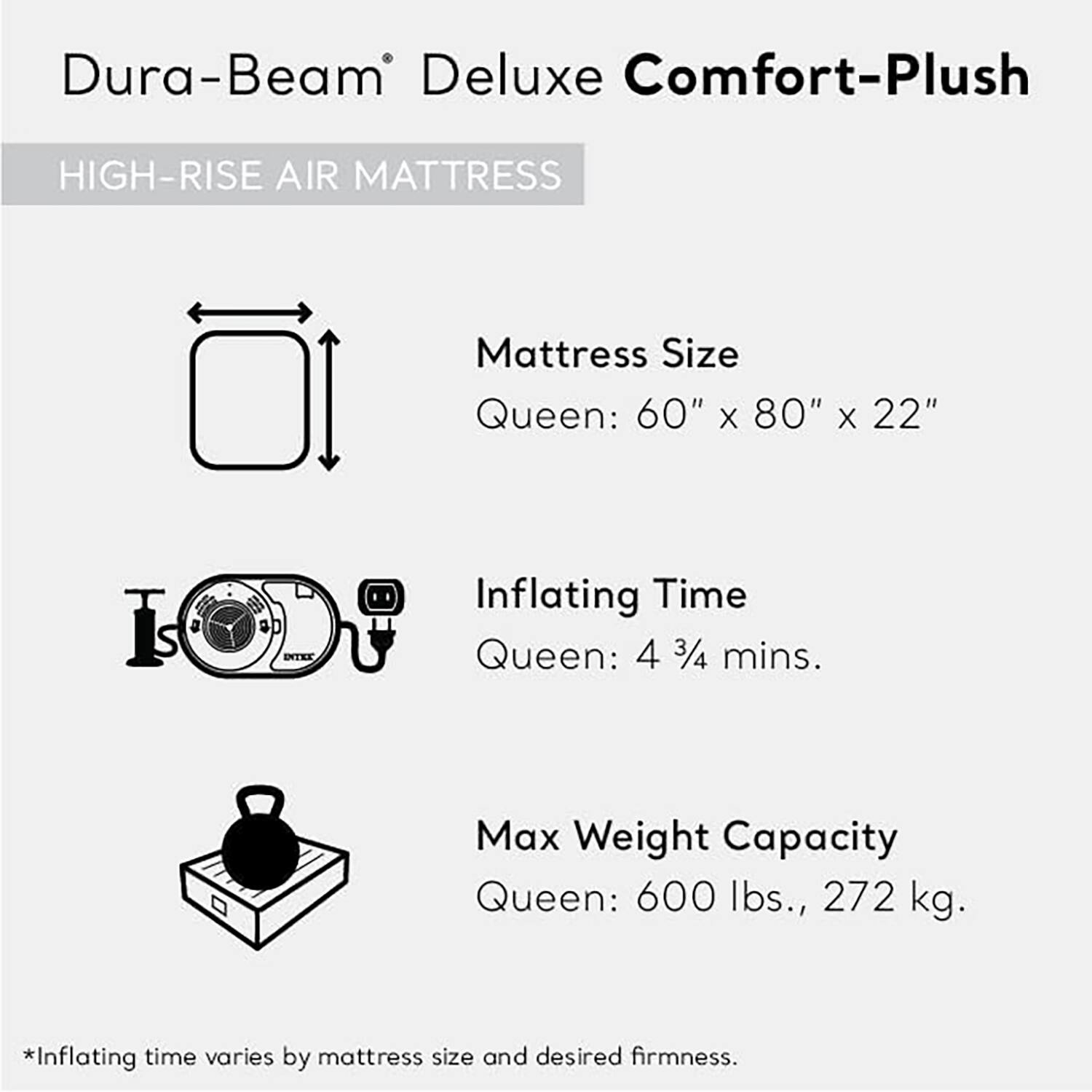Dura-Beam Deluxe Comfort-Plush HIGH-RISE AIR MATTRESS

Mattress Size: Queen: 60" x 80" x 22"

Inflating Time: Queen: 4 3/4 mins.

Max Weight Capacity: Queen: 600 lbs., 272 kg.

*Inflating time varies by mattress size and desired firmness.
