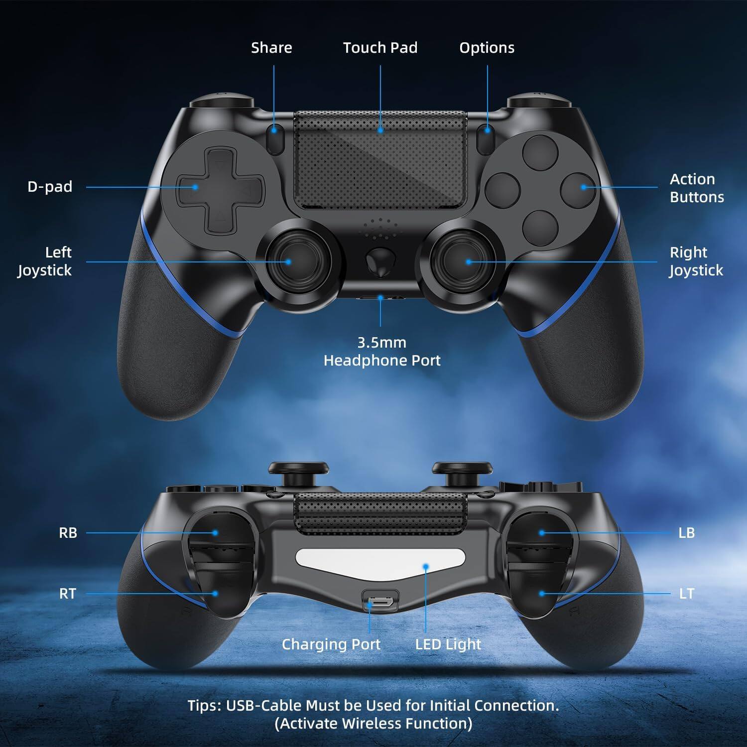 Share  
Touch Pad  
Options  
D-pad  
Left Joystick  
Action Buttons  
Right Joystick  
3.5mm Headphone Port  
RB  
LB  
RT  
LT  
Charging Port  
LED Light  

Tips: USB-Cable Must be Used for Initial Connection. (Activate Wireless Function)