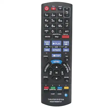 TV INPUT AV + 1@ 2ABC 3DEF VOL | 4GH 7QRS 5 8TU 6MNO 9 + VOL = CANCEL 0., # MUTE * RADIO/EXT-IN NETFLIX DISC/SD iPod SEARCH PLAY SEARCH SKIP SLOW SKIP II PAUSE STATUS STOP EXIT X HOME POP TOP INTERNET -UP MENU OK MENU II OPTION RETURN R G Y SOUND SURROUND CH SELECT CH -SLEEP -AUDIO S THEATER SYSTEM N2QAYB000727