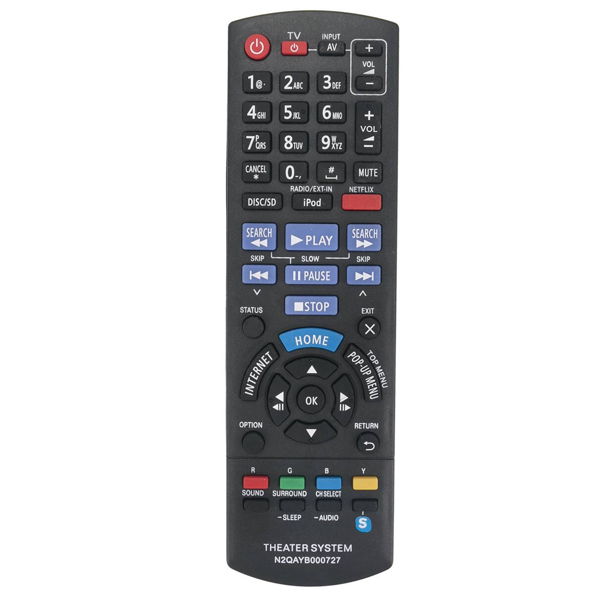 TV INPUT AV + 1@ 2ABC 3DEF VOL | 4GH 7QRS 5 8TU 6MNO 9 + VOL = CANCEL 0., # MUTE * RADIO/EXT-IN NETFLIX DISC/SD iPod SEARCH PLAY SEARCH SKIP SLOW SKIP II PAUSE STATUS STOP EXIT X HOME POP TOP INTERNET -UP MENU OK MENU II OPTION RETURN R G  Y SOUND SURROUND CH SELECT CH -SLEEP -AUDIO S THEATER SYSTEM N2QAYB000727