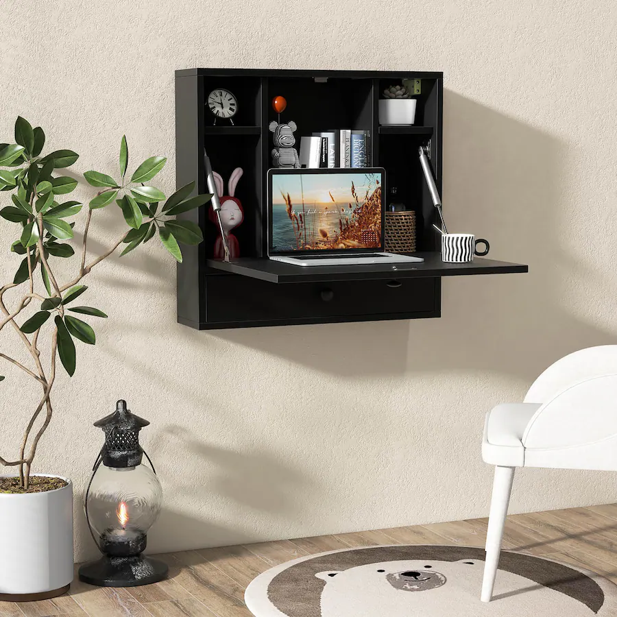 Gymax Wall mounted Desk Floating Computer Workstation w/ Storage ...