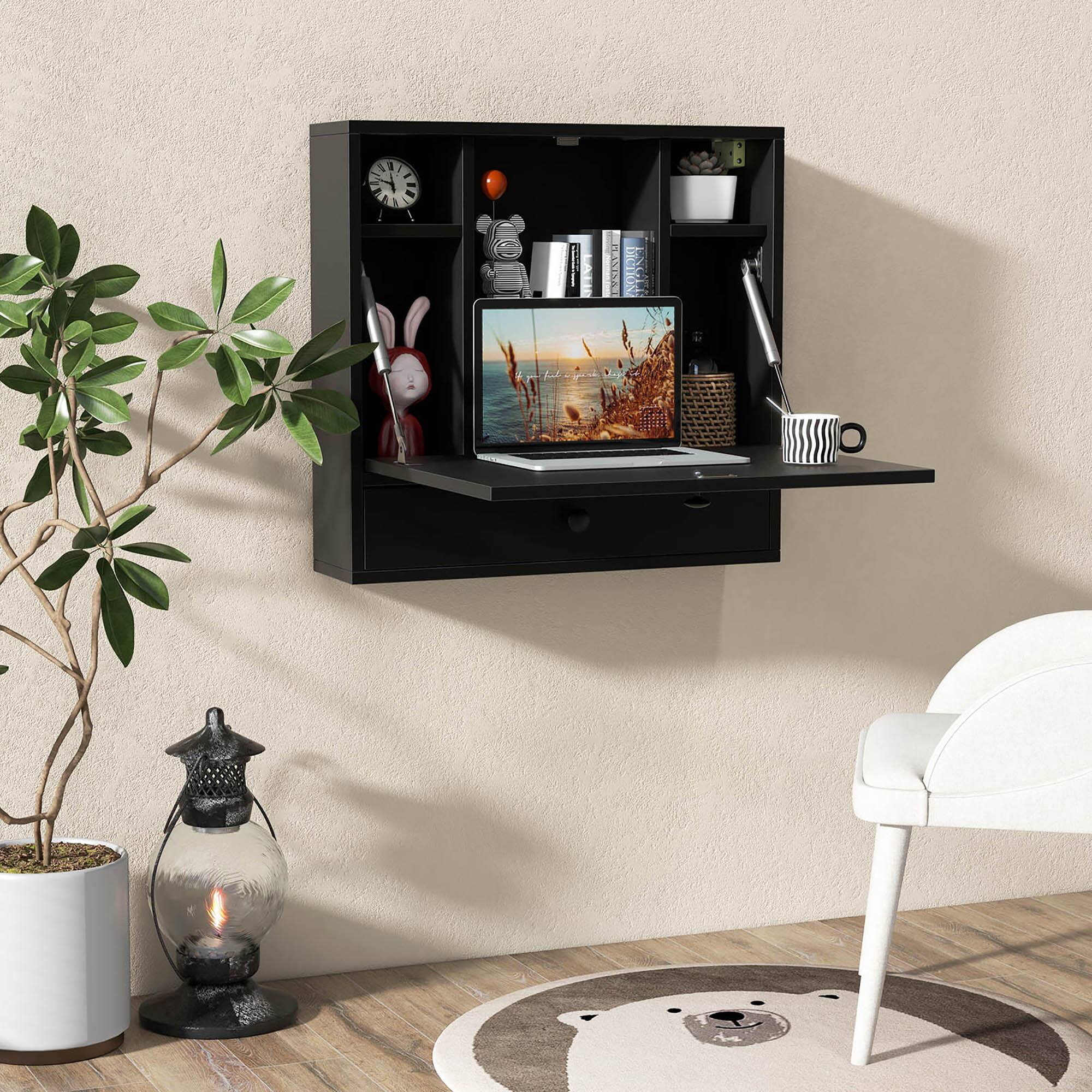 Alt View 3. Gymax - Gymax Wall-mounted Desk Floating Computer Workstation w/ Storage Shelves Home Office Black - Black.