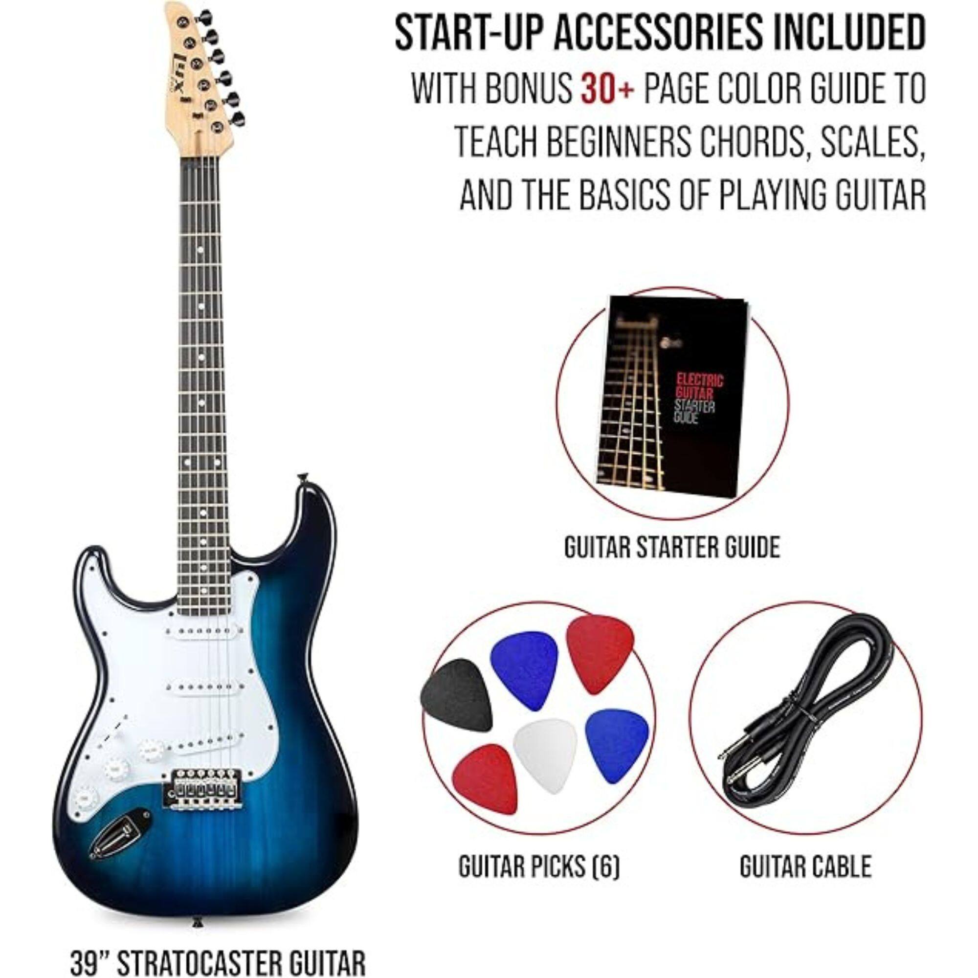 START-UP ACCESSORIES INCLUDED WITH BONUS 30+ PAGE COLOR GUIDE TO TEACH BEGINNERS CHORDS, SCALES, AND THE BASICS OF PLAYING GUITAR

- ELECTRIC GUITAR STARTER GUIDE
- GUITAR PICKS (6)
- GUITAR CABLE
- 39" STRATOCASTER GUITAR