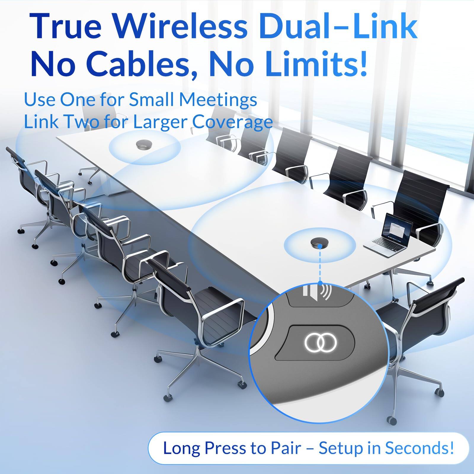 True Wireless Dual-Link  
No Cables, No Limits!  

Use One for Small Meetings  
Link Two for Larger Coverage  

Long Press to Pair – Setup in Seconds!