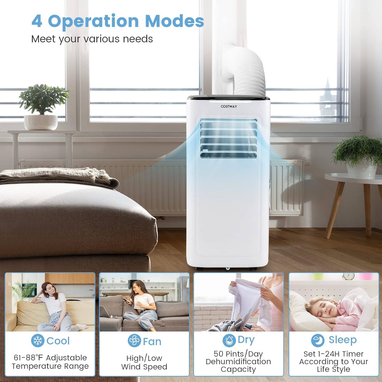 4 Operation Modes  
Meet your various needs

- Cool  
  61-88°F Adjustable Temperature Range

- Fan  
  High/Low Wind Speed

- Dry  
  50 Pints/Day Dehumidification Capacity

- Sleep  
  Set 1-24H Timer According to Your Life Style