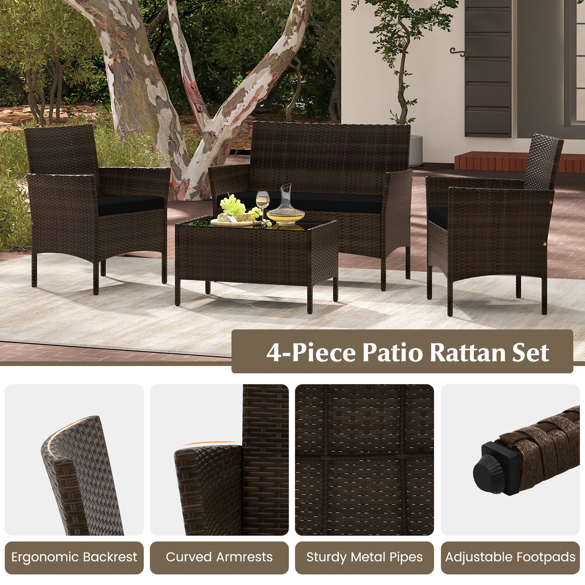 4-Piece Patio Rattan Set
Ergonomic Backrest
Curved Armrests
Sturdy Metal Pipes
Adjustable Footpads