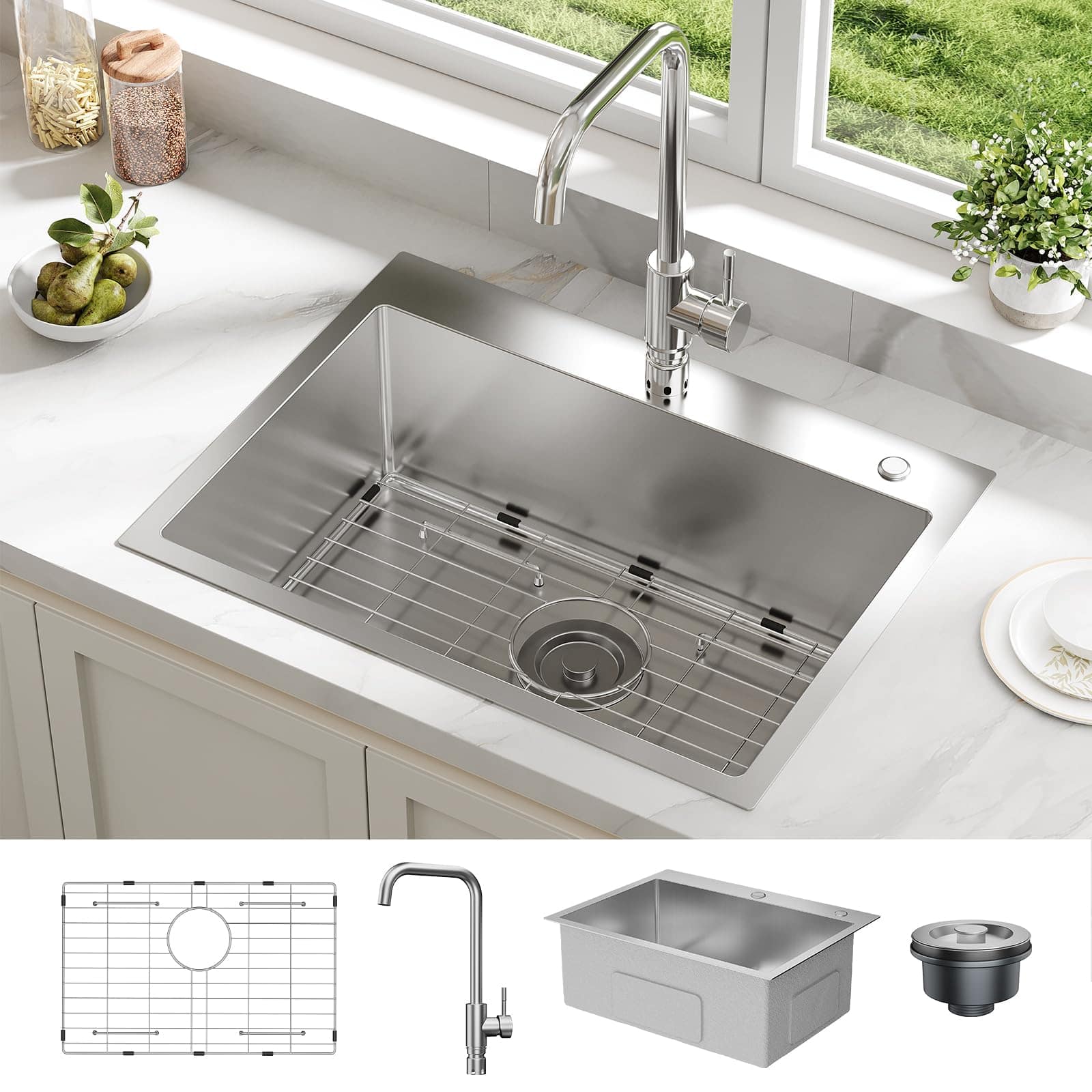 GARVEE - 24 x 18 x 9 Inch Drop-In Kitchen Sink, Stainless Steel Single Bowl Workstation w/Faucet, Bottom Grid & Drain Kit - Silver
