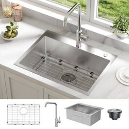 GARVEE - 24 x 18 x 9 Inch Drop-In Kitchen Sink, Stainless Steel Single Bowl Workstation w/Faucet, Bottom Grid & Drain Kit - Silver