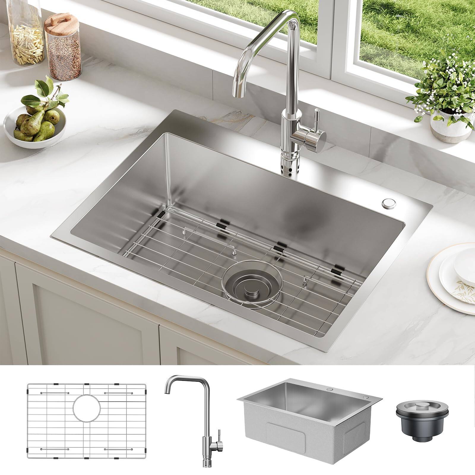Front. GARVEE - 24 x 18 x 9 Inch Drop-In Kitchen Sink, Stainless Steel Single Bowl Workstation w/Faucet, Bottom Grid & Drain Kit - Silver.