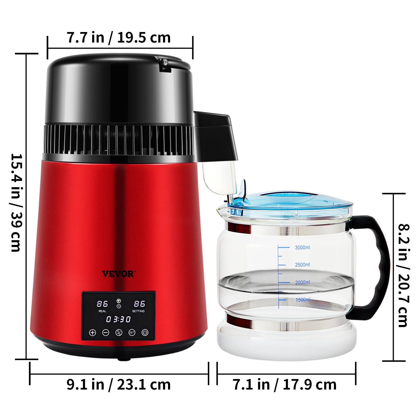 - Height: 15.4 in / 39 cm
- Width: 9.1 in / 23.1 cm
- Depth: 7.7 in / 19.5 cm
- Jug Height: 8.2 in / 20.7 cm
- Jug Width: 7.1 in / 17.9 cm
- Capacity: 3000ml, 2500ml, 2000ml, 1500ml
- Temperature: 86°C (Real) / 86°C (Setting)
- Timer: 03:30