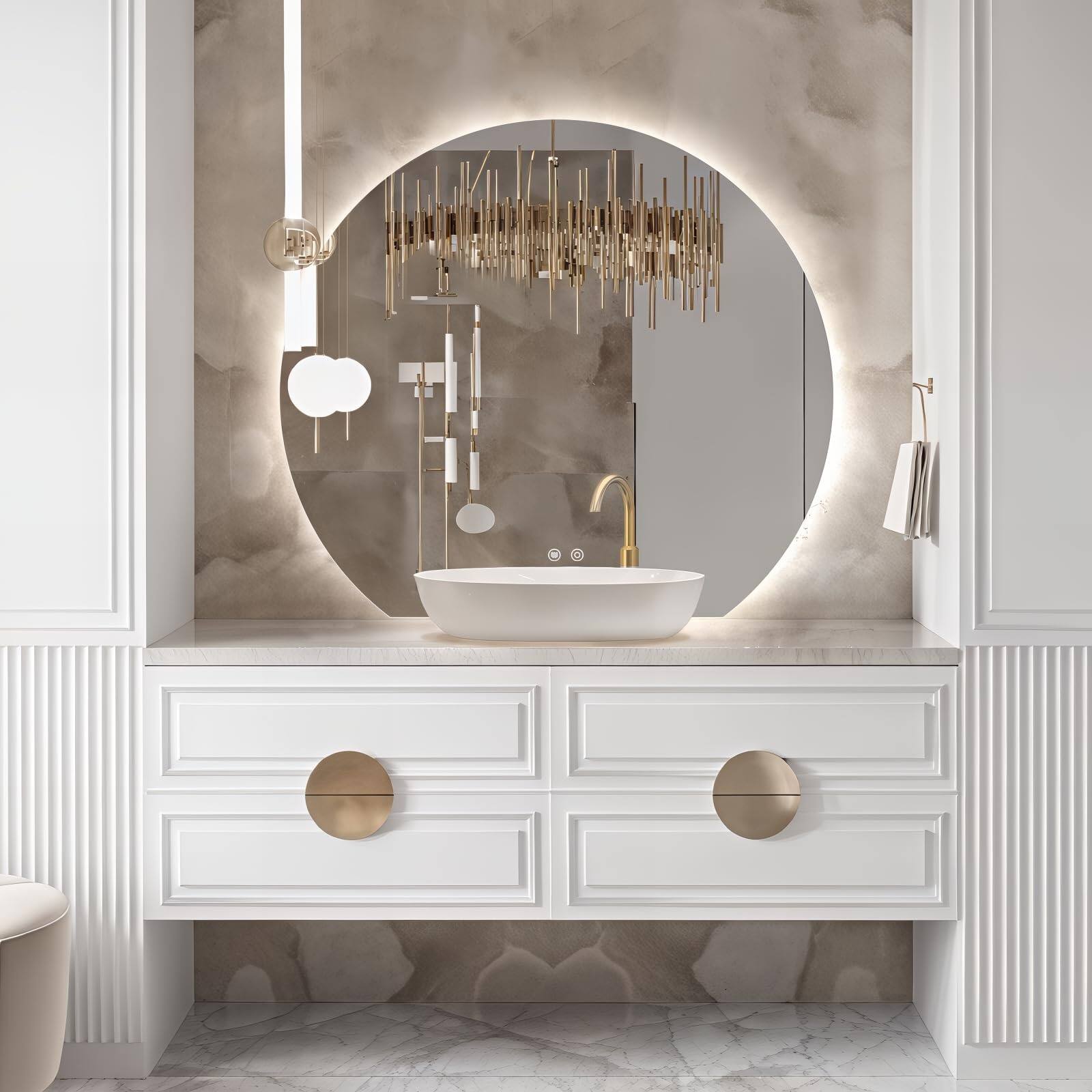Front. VEGA AUTOMOTIVE - Half Moon Round Led Bathroom Mirror For Wall 40 Irregular With Anti fog 3 color Adjustal Dimmable Semi Circ - 25.2"L x 28"W.