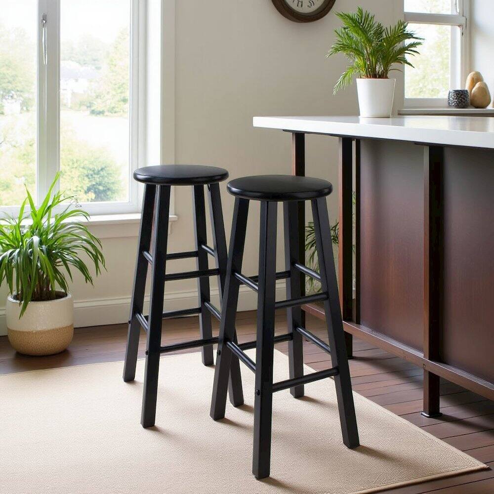 Alt View 1. FurniFact - Rustic Wooden Bar Stools – Backless Wood Counter Stools Set of 2 - Black.