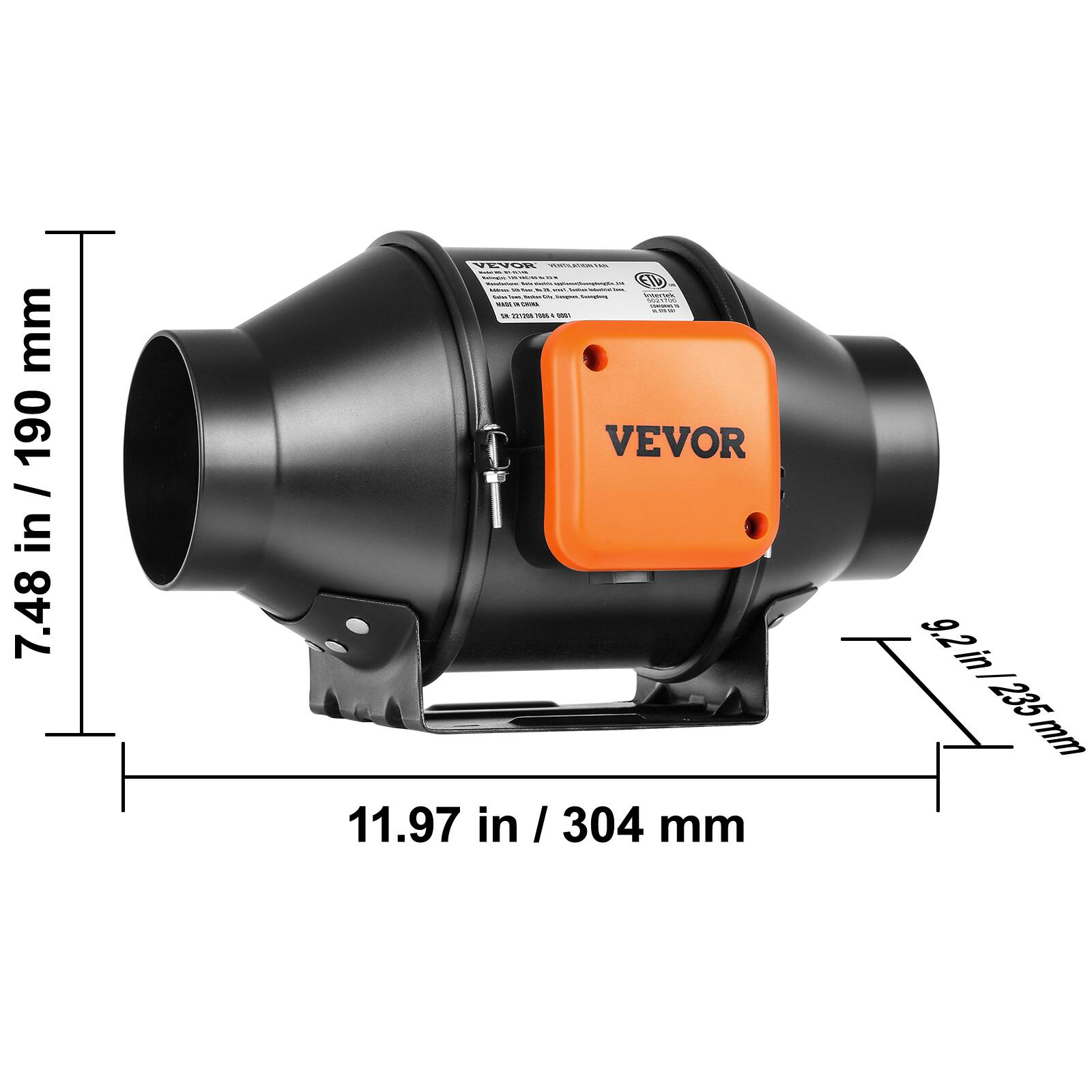 mm 190 in / 190 / in 7.48 VE | i : : S0 - - - I - - - noc - - - I -.- - -. - . - VEVOR 11.97 in I / 304 mm 9.2 in / 1235 mm