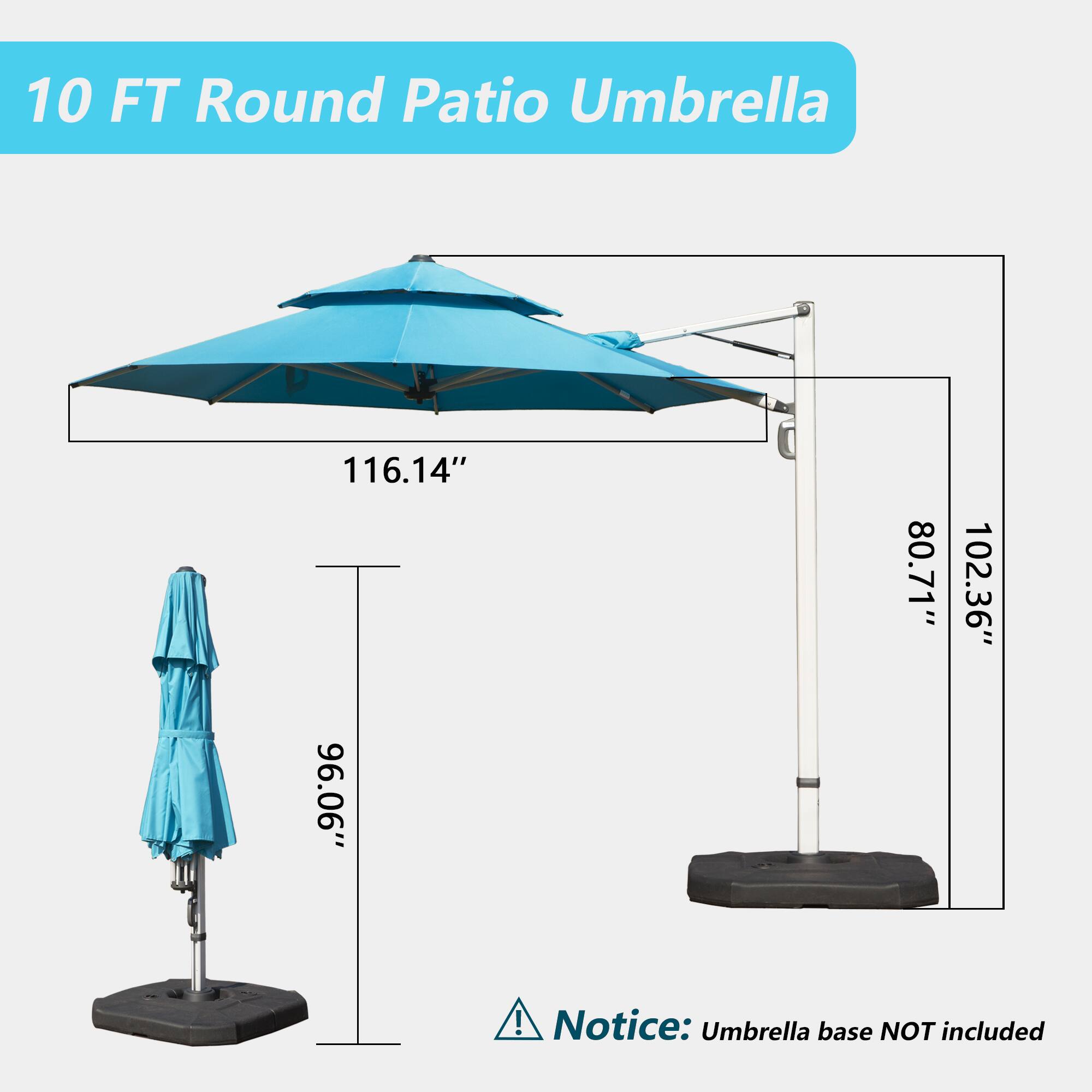 10 FT Round Patio Umbrella

116.14"  
96.06"  
80.71"  
102.36"

Notice: Umbrella base NOT included
