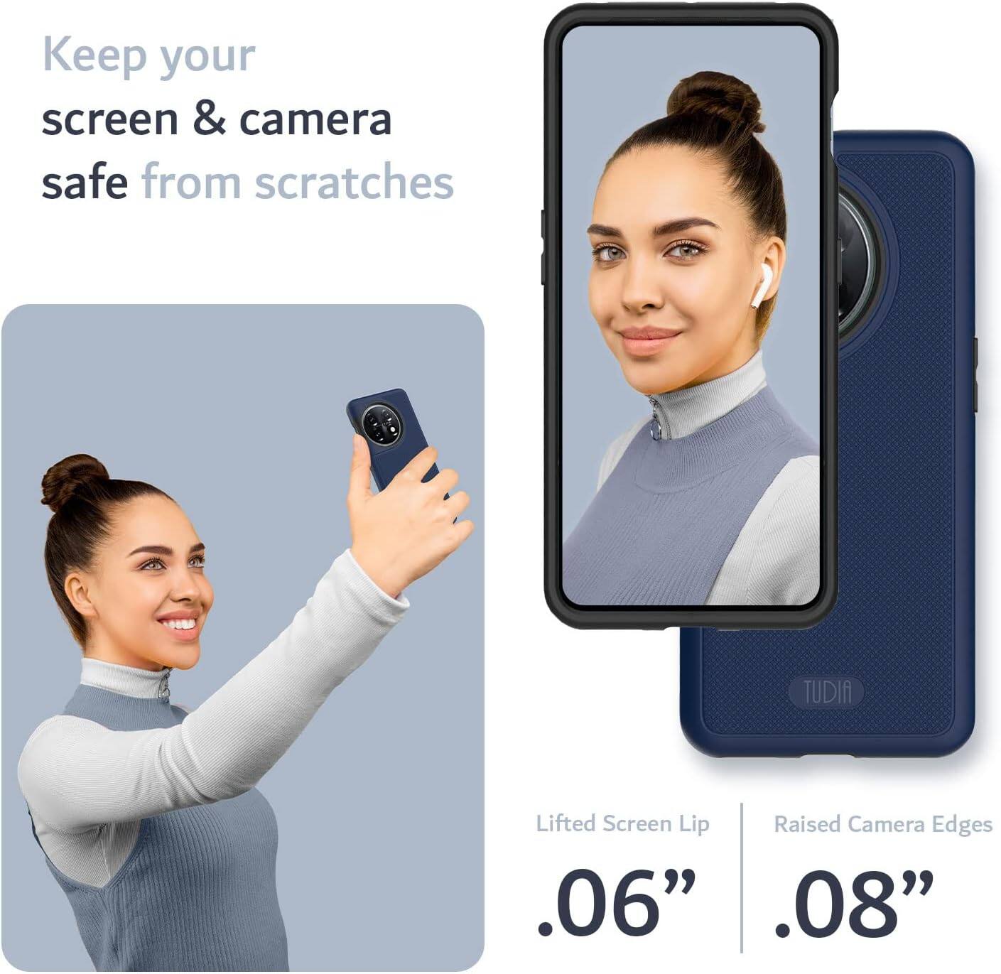 Keep your screen & camera safe from scratches

TUDIA

Lifted Screen Lip .06"

Raised Camera Edges .08"