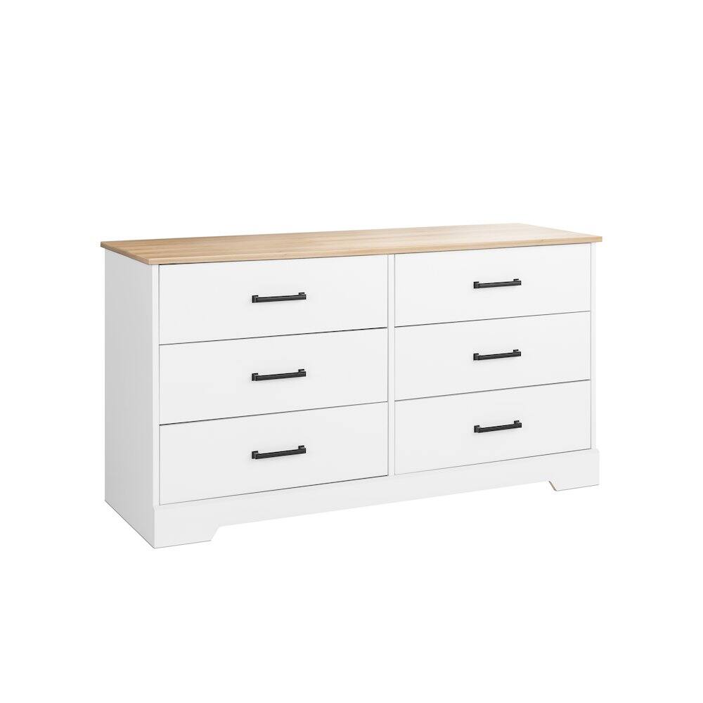 Angle. Prepac - Rustic Ridge 6 Drawer Dresser, 18.25" D x 53.25" W x 28.5" H, White & Oak - White.