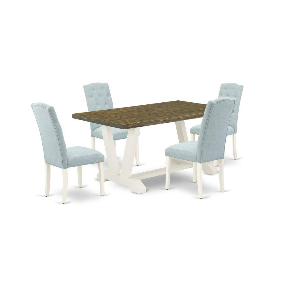 Left. East West Furniture - East West Furniture V076CE215-5 5-Piece Dining Set- 4 Dining Room Chairs with Baby Blue Linen Fabric Seat and Button - Multi-Color.