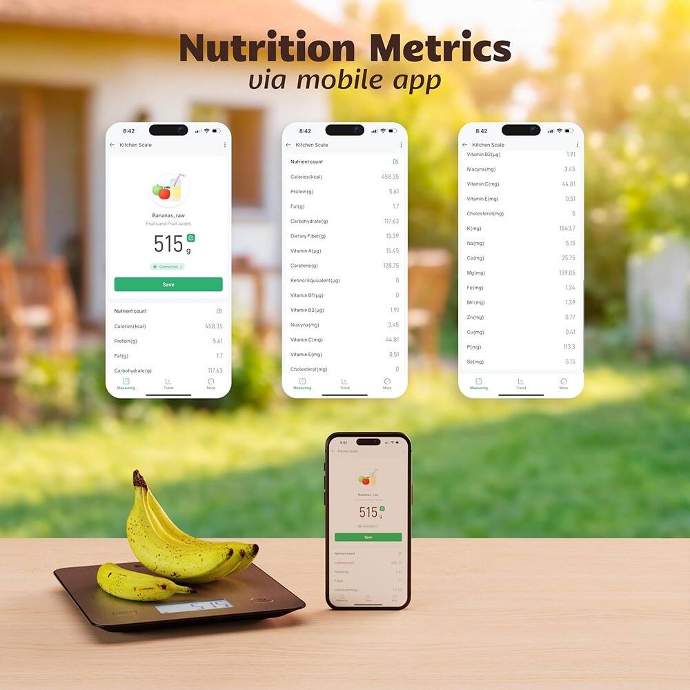 Nutrition Metrics via mobile app

Bananas, raw  
Fruit and Fruit Juice  
515 g

Nutrient count  
Calories (kcal) 458.35  
Protein (g) 1.7  
Carbohydrate (g) 117.63  
Fat (g) 0.39  
Dietary Fiber (g) 3.1  
Vitamin A (mcg) 191  
Vitamin C (mg) 5.67  
Calcium (mg) 12.35  
Iron (mg) 0.45  
Cholesterol (mg) 0  
Sodium (mg) 1  
Potassium (mg) 448.35  
Magnesium (mg) 25.75  
Phosphorus (mg) 22  
Selenium (mcg) 0.41  
Zinc (mg) 0.2  
Copper (mg) 0.1  
Manganese (mg) 0.34  
Fluoride (mcg) 1.91  
Vitamin B1 (mg) 0.03  
Vitamin