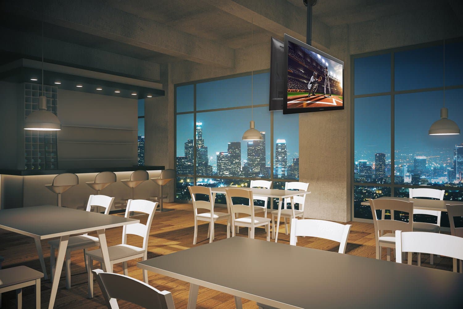 Left. Mount-It! - Heavy-Duty Dual-Screen Ceiling TV Mount – 37″–70″, 180° Swivel, ±5°/20° Tilt, 99 lb per Screen - Black.