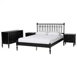 Baxton Studio - Callison Spindle 4-Piece Bedroom Set - Platform Bed with Matching Dresser and 2-Drawer Nightstands, Queen - Black
