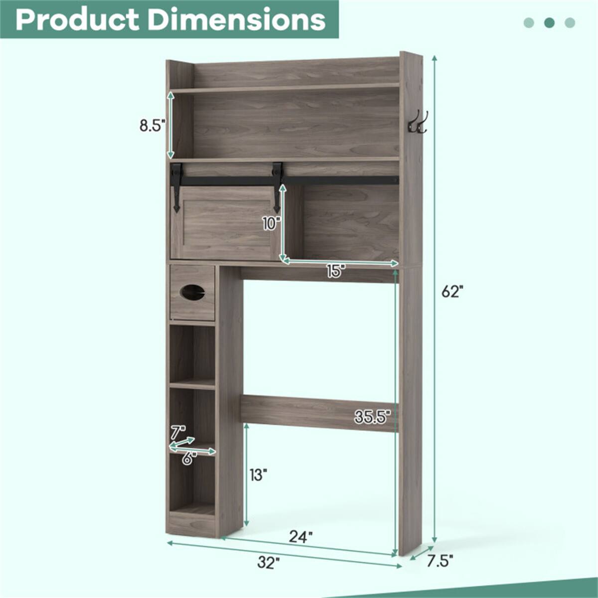 Product Dimensions

- Height: 62"
- Width: 32"
- Depth: 15"
- Shelf 1: 8.5" (Height) x 15" (Depth)
- Shelf 2: 10" (Height) x 15" (Depth)
- Shelf 3: 7" (Height) x 13" (Depth)
- Shelf 4: 6" (Height) x 13" (Depth)
- Drawer: 35.5" (Height) x 13" (Depth)
- Bottom Shelf: 24" (Depth)
- Side to Side: 7.5"