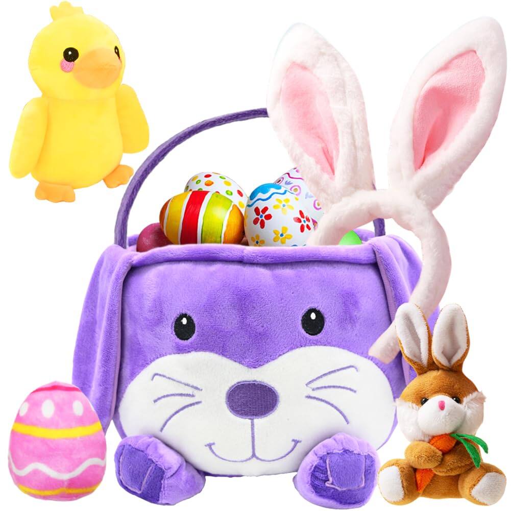 Paradigms Interiors - Easter Bunny Basket With Rabbit Duck Keychains Ears Cute Plush For Gifts Hunt Bag - Default