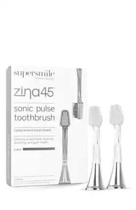 supersmile chrome collection zina45 sonic pulse toothbrush replacement brush heads LDS | Delivers exceptional cleaning, polishing and gum health. color 2 Contains: replacement brush heads with patented 45° soft angled bristles for use with the zina45 sonic toothbrush