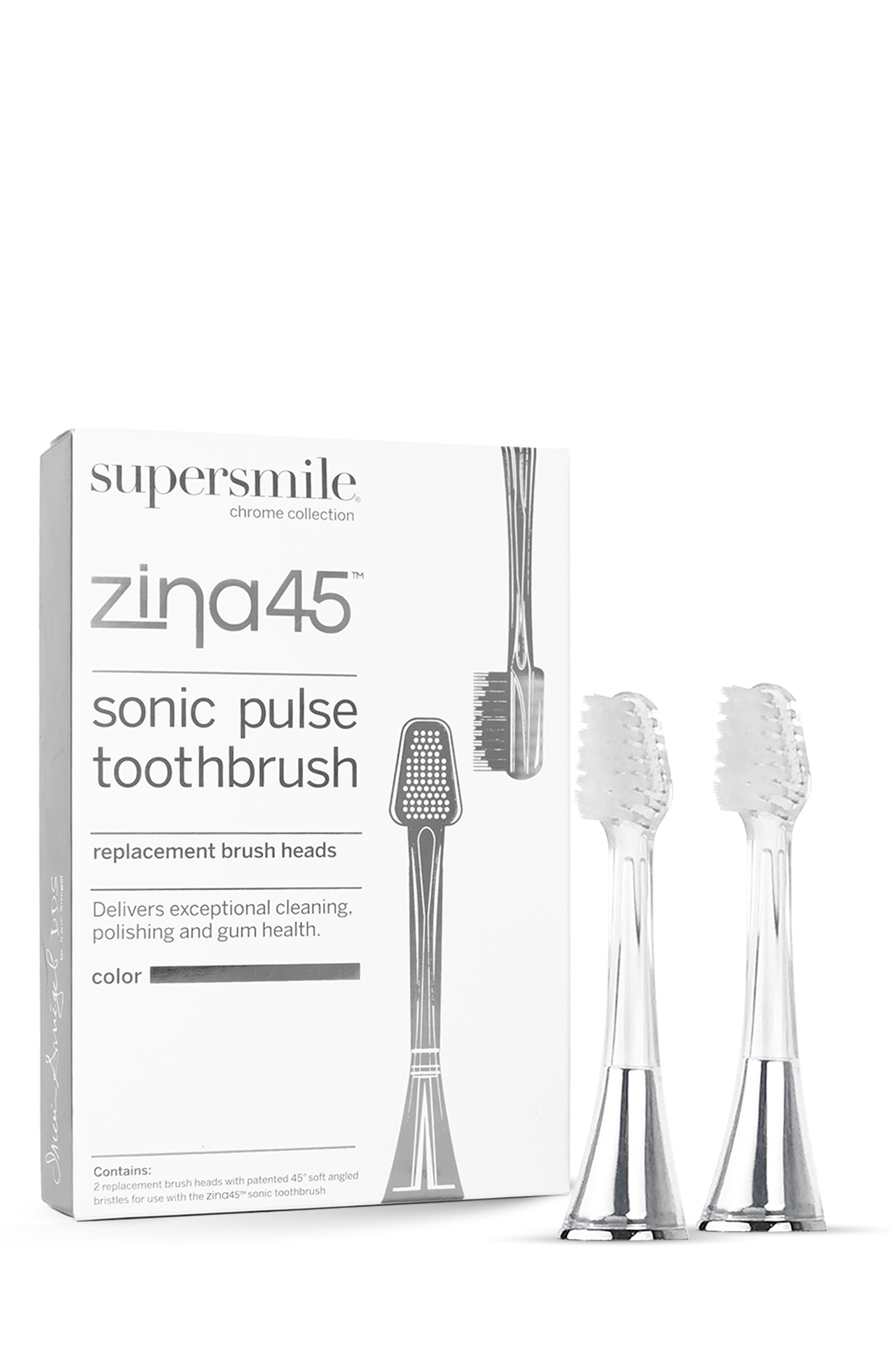 supersmile chrome collection zina45 sonic pulse toothbrush replacement brush heads LDS | Delivers exceptional cleaning, polishing and gum health. color 2 Contains: replacement brush heads with patented 45° soft angled bristles for use with the zina45 sonic toothbrush