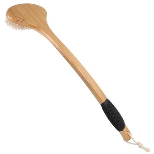 Vulpecula Spade - Back Scrub Brush for Shower,Stiff Boar Bristles Bamboo Curved Long Handle Antiskid Body Bath Brush for Back Use Wet or