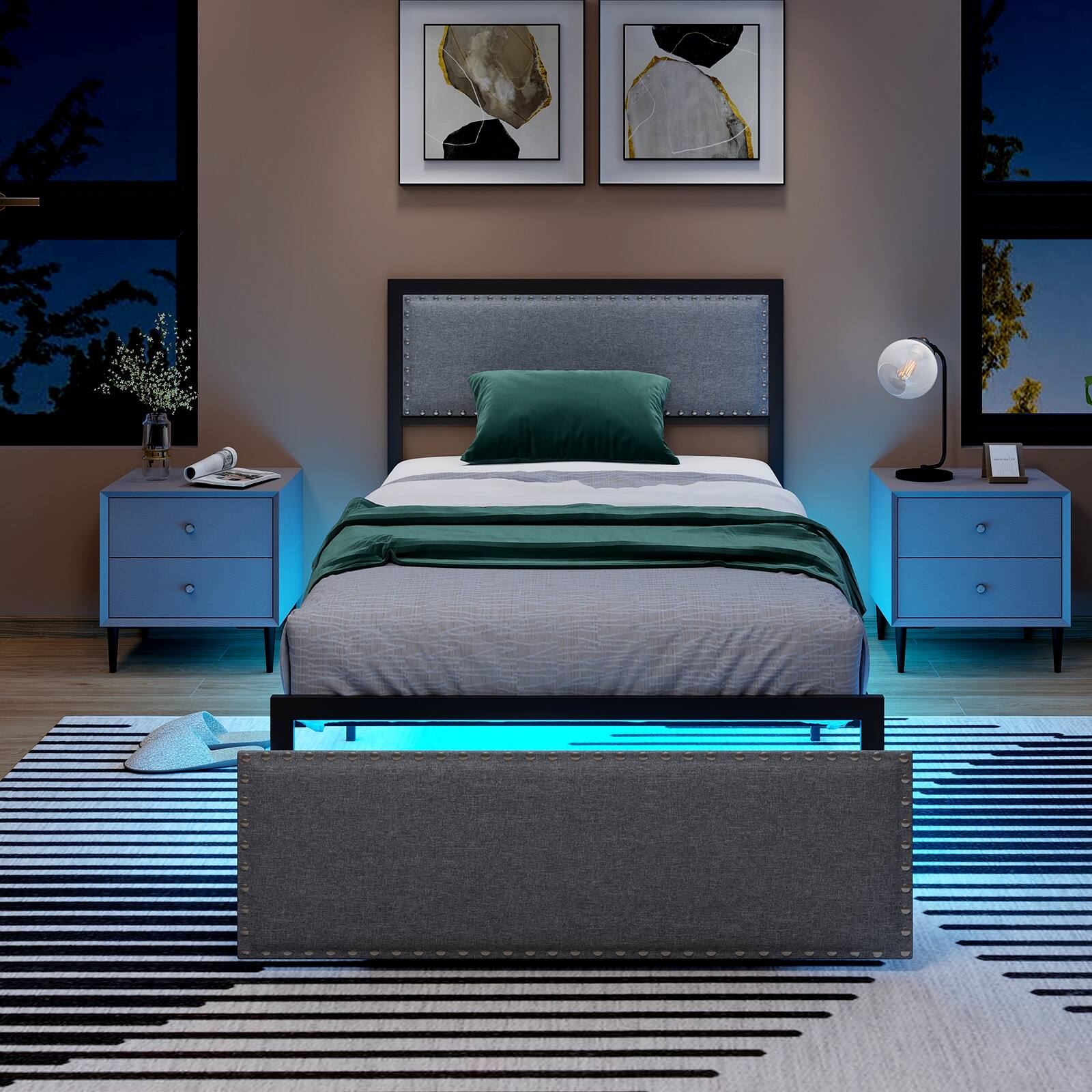 Angle. LUCKY ONE - Twin Assembled Platform Bed Frame with LED Lights Rolling Drawer Metal Slats - Grey-Twin.