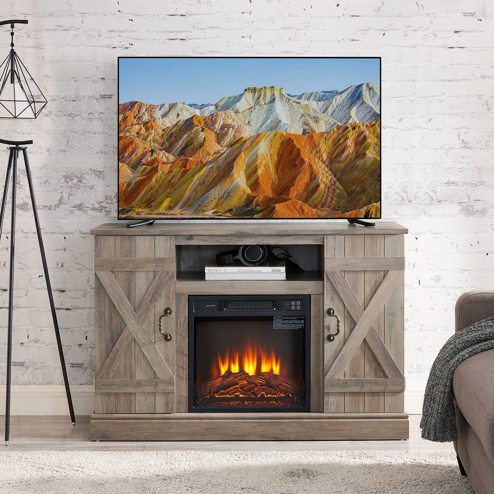 Alt View 1. Chateau Abodes - 47" Farmhouse TV Stand with Open and Closed Storage Space for TV up to 50" - Gray Wash with Fireplace.
