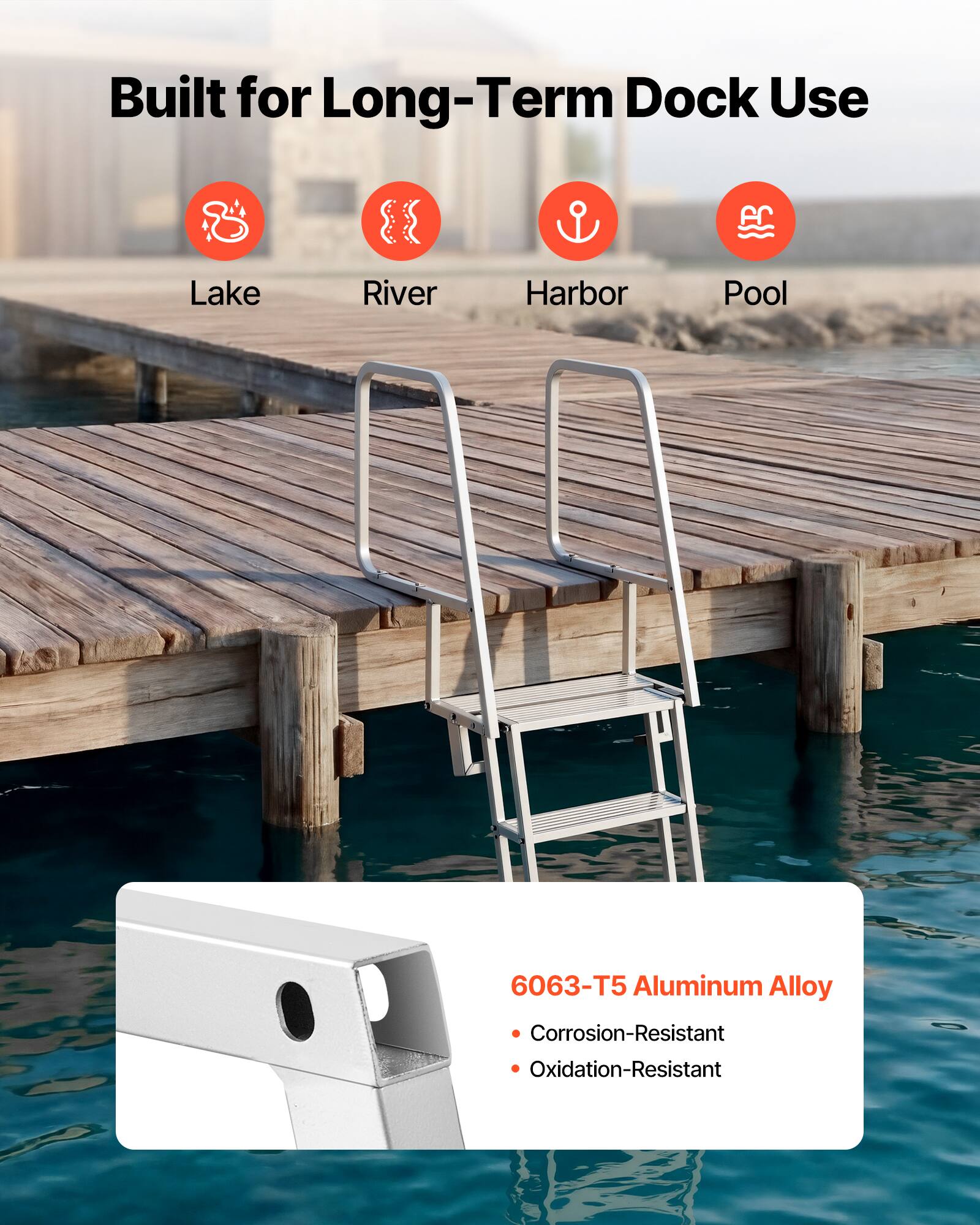Built for Long-Term Dock Use

Lake  
River  
Harbor  
Pool

6063-T5 Aluminum Alloy  
- Corrosion-Resistant  
- Oxidation-Resistant