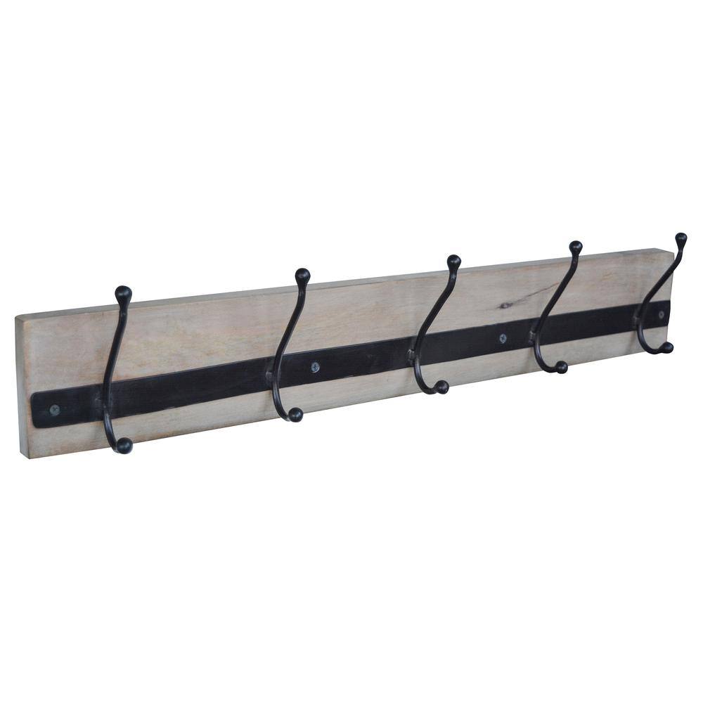 Angle. AmeriHome - 28" Mango Wood Coat Hanger with Iron Hooks - Light Wood, Black.