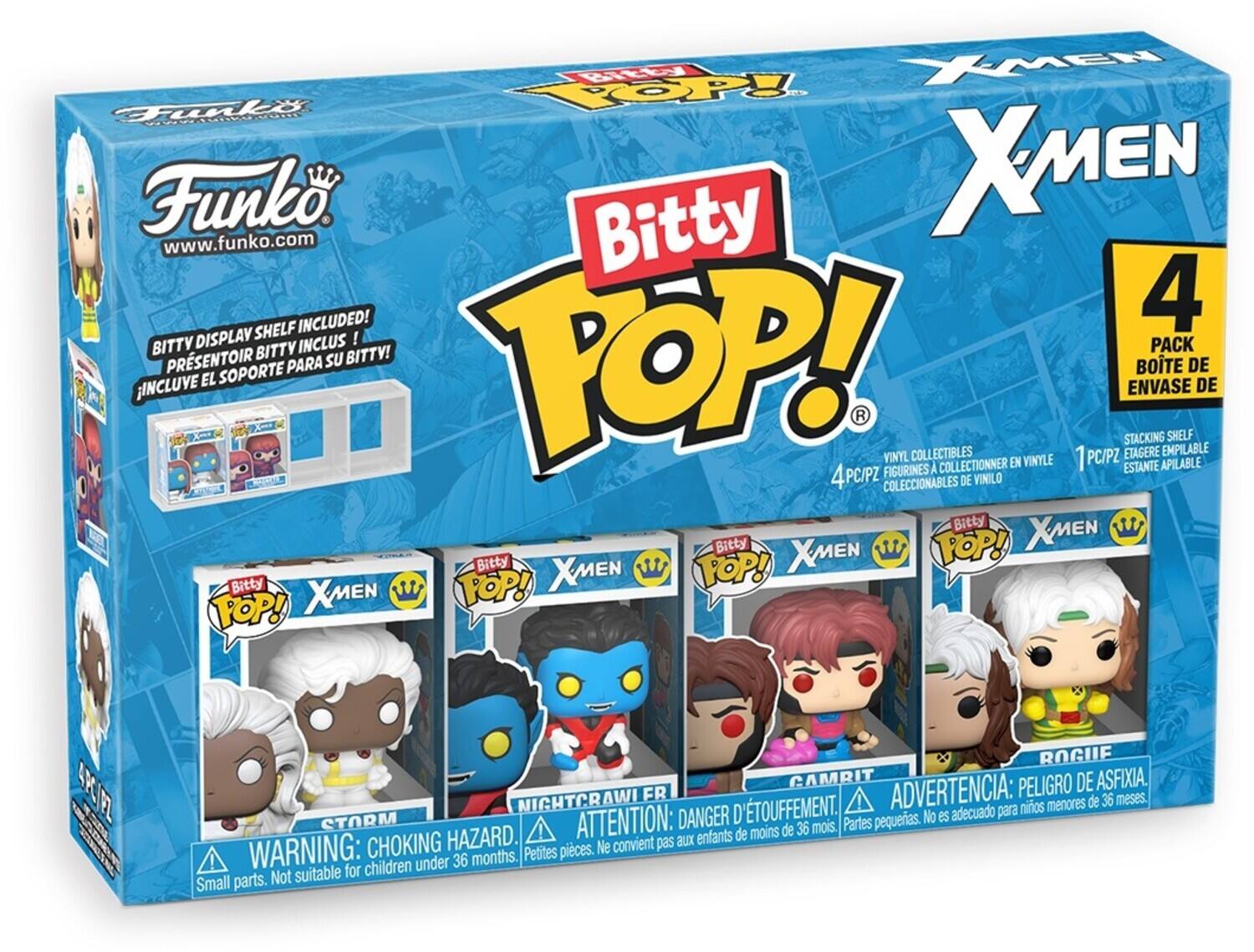Funko  
www.funko.com  

Bitty POP!  
X-MEN  

Bitty Display Shelf Included!  
4 Pack  

Storm  
Nightcrawler  
Cable  
Rogue  

WARNING: CHOKING HAZARD. Small parts. Not suitable for children under 36 months.  
ADVERTENCIA: PELIGRO DE ASFIXIA. Partes pequeñas. No es adecuado para niños menores de 36 meses.  
ATTENTION: DANGER D'ÉTOUFFEMENT. Petites pièces. Ne convient pas aux enfants de moins de 36 mois.