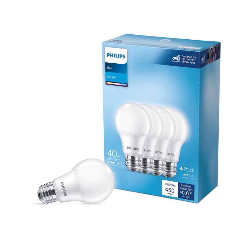 PHILIPS LED  
Designed for the comfort of your eyes  
Daylight  
PHILIPS  
40w  
5.5w LED  
4 Pack  
A19 bulb  
Medium Base  
Brightness: 450 lumens  
Estimated Energy Cost: $0.67 per year