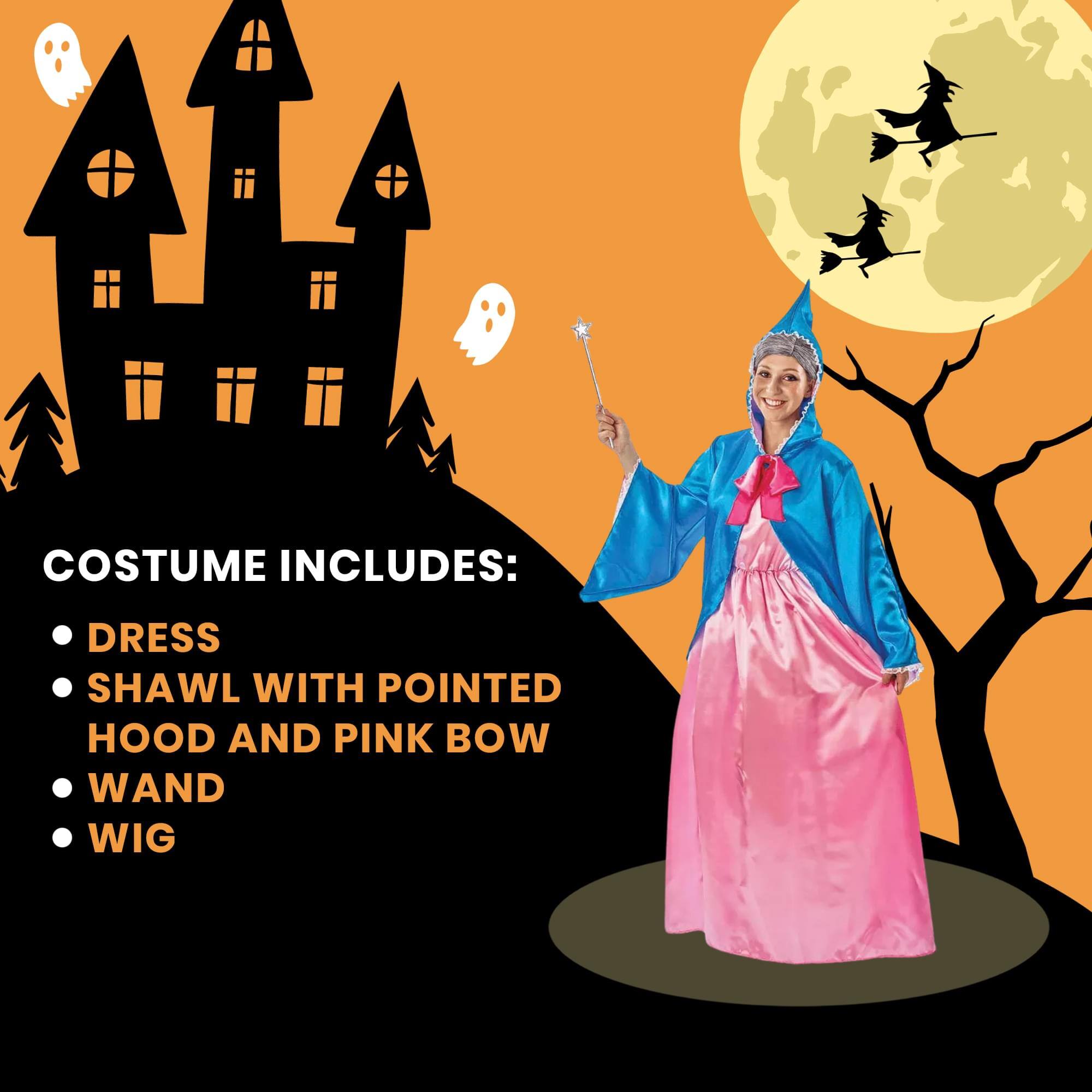 COSTUME INCLUDES:  
- DRESS  
- SHAWL WITH POINTED HOOD AND PINK BOW  
- WAND  
- WIG