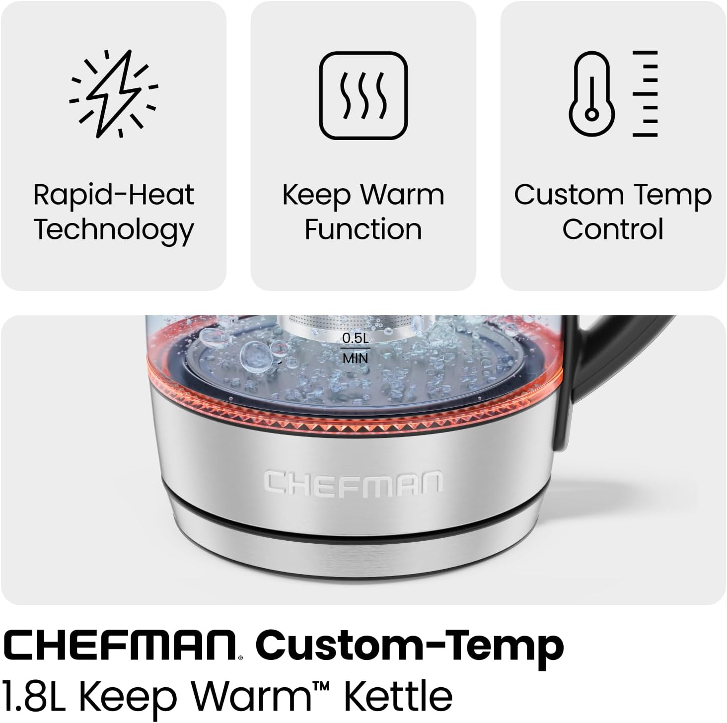 Rapid-Heat Technology  
Keep Warm Function  
Custom Temp Control  
0.5L MIN  
CHEFMAN  
CHEFMAN Custom-Temp 1.8L Keep Warm Kettle
