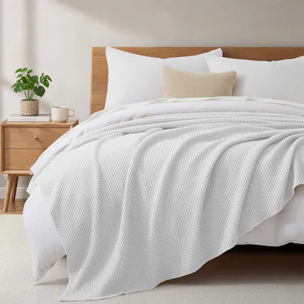 Front. Peace Nest - Peace Nest 100% Egyptian Cotton Waffle Textured Throw Blanket, White, Twin - White.