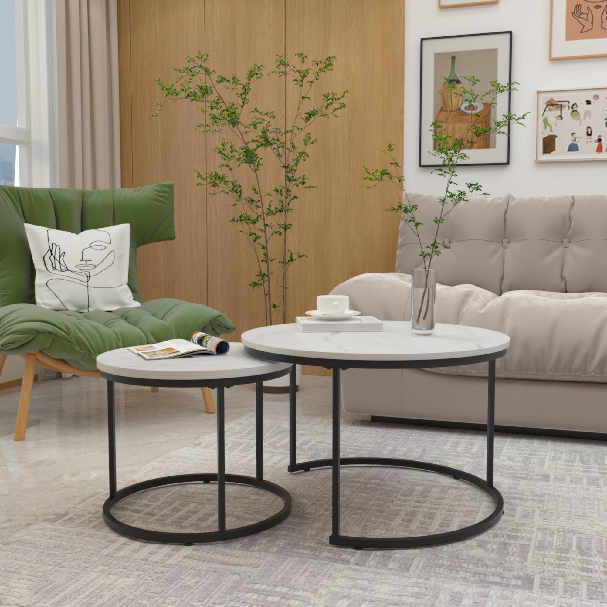 Angle. Z-Edge - Modern Coffee Table, Nesting Round Table Set of 2, Side Table with Sturdy Metal Frame for Living Room Bedroom Apartment - White + Black.